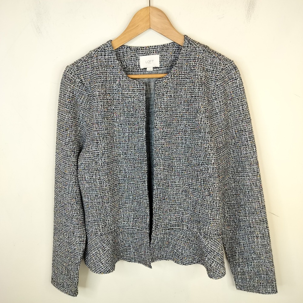 LOFT Tweed Peplum Jacket Womens Medium Open Front Confetti Metallic Knit Office - Picture 1 of 11